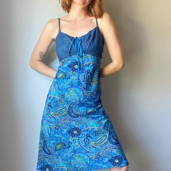 Vintage Y2K Faded Glory Blue Paisley Denim Babydoll Midi Dress - Picture 2 of 6